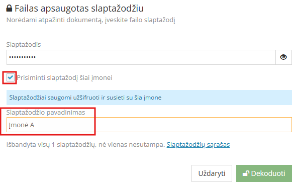 Window for linking a password to a company